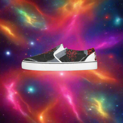 Black and white slip-on sneaker with red and gray pattern on a white background