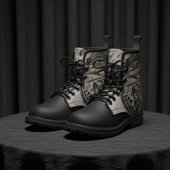 Black boots with white pattern on a white background