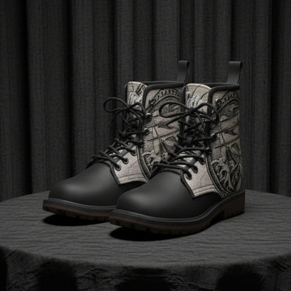 Black boots with white pattern on a white background