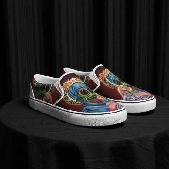 Colorful slip-on shoes with artistic designs on a white background