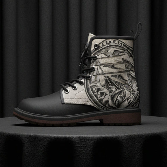 Black boot with intricate gray design on a white background