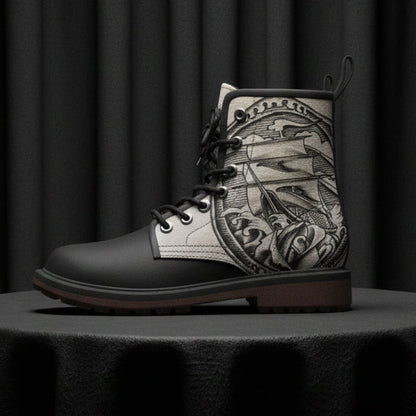 Black boot with intricate gray design on a white background