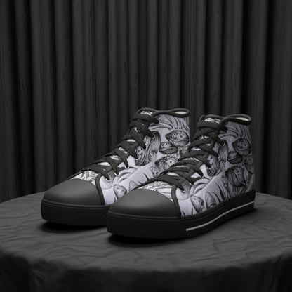 Black high-top sneakers with a detailed pattern on a white background