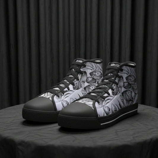 Black high-top sneakers with a detailed pattern on a white background