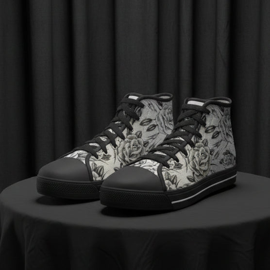 Black high-top sneakers with floral pattern on a white background