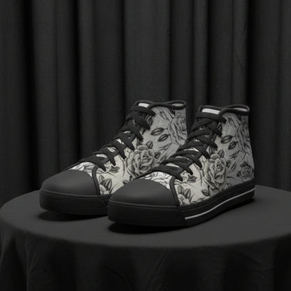 Black high-top sneakers with floral pattern on a white background