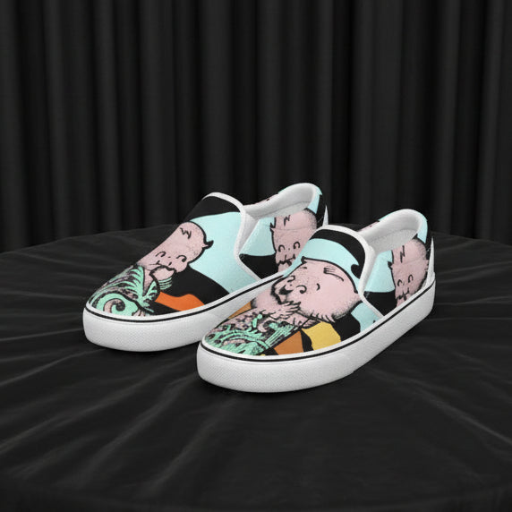 Pair of slip-on shoes with cartoon character design on a white background