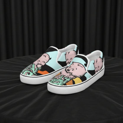 Pair of slip-on shoes with cartoon character design on a white background