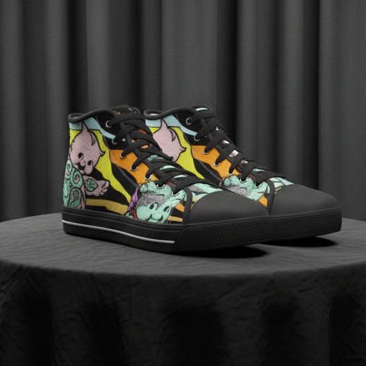 Black high-top sneakers with colorful cartoon character design on a white background