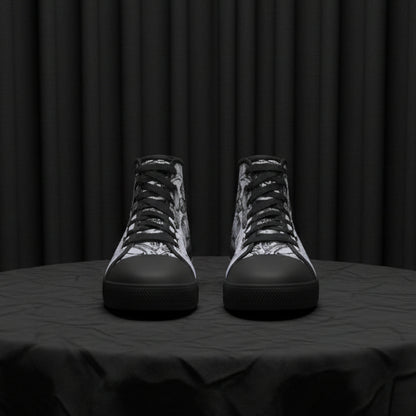 Pair of high-top sneakers with black and gray pattern on a white background