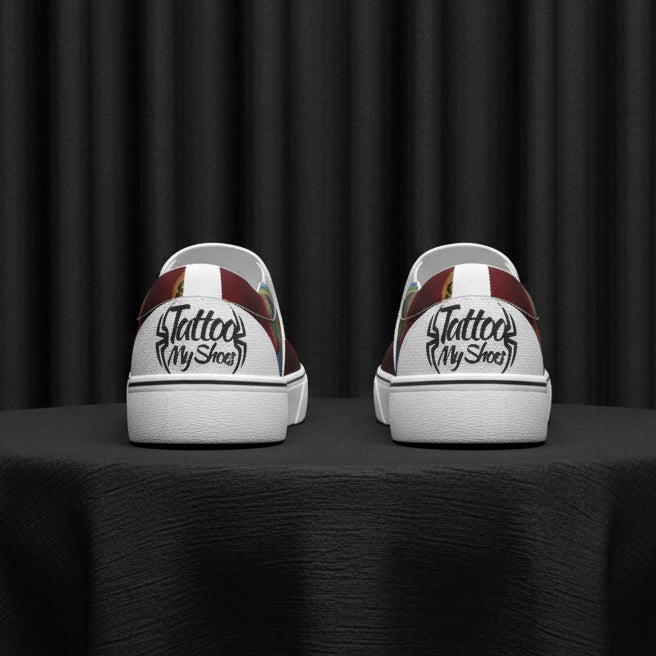 White sneakers with tattoo design and 'Tattoo My Shoes' text on a white background