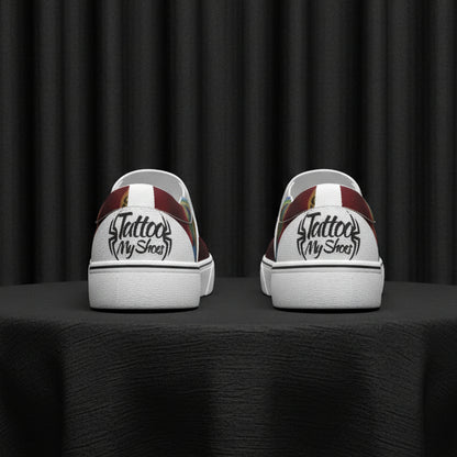 White sneakers with tattoo design and 'Tattoo My Shoes' text on a white background