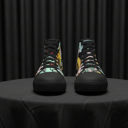 Pair of high-top sneakers with a colorful abstract pattern on a white background