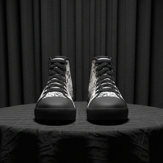 Pair of high-top sneakers with black and gray pattern on a white background