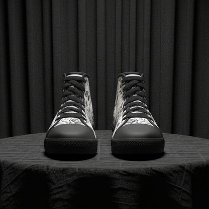 Pair of high-top sneakers with black and gray pattern on a white background