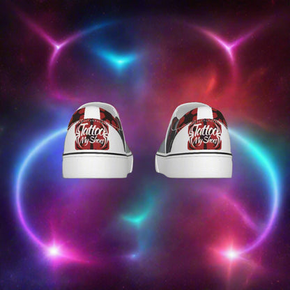 White sneakers with red and black designs on a white background