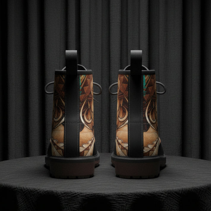 Pair of boots with a geometric pattern on a white background