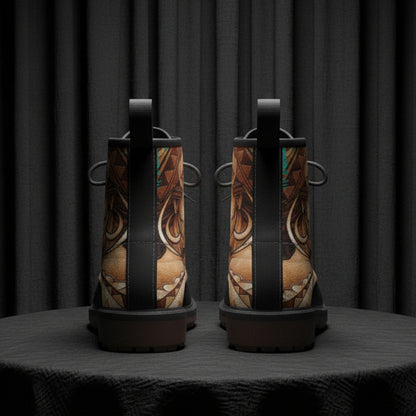 Pair of boots with a geometric pattern on a white background