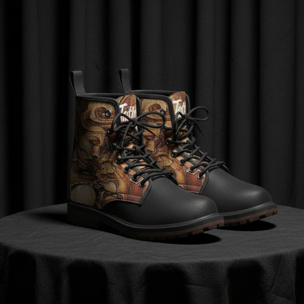 Black boots with patterned side panels on a white background