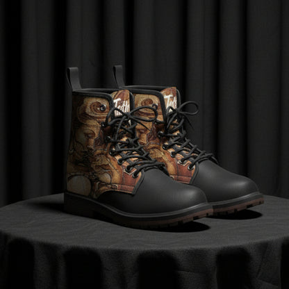 Black boots with patterned side panels on a white background