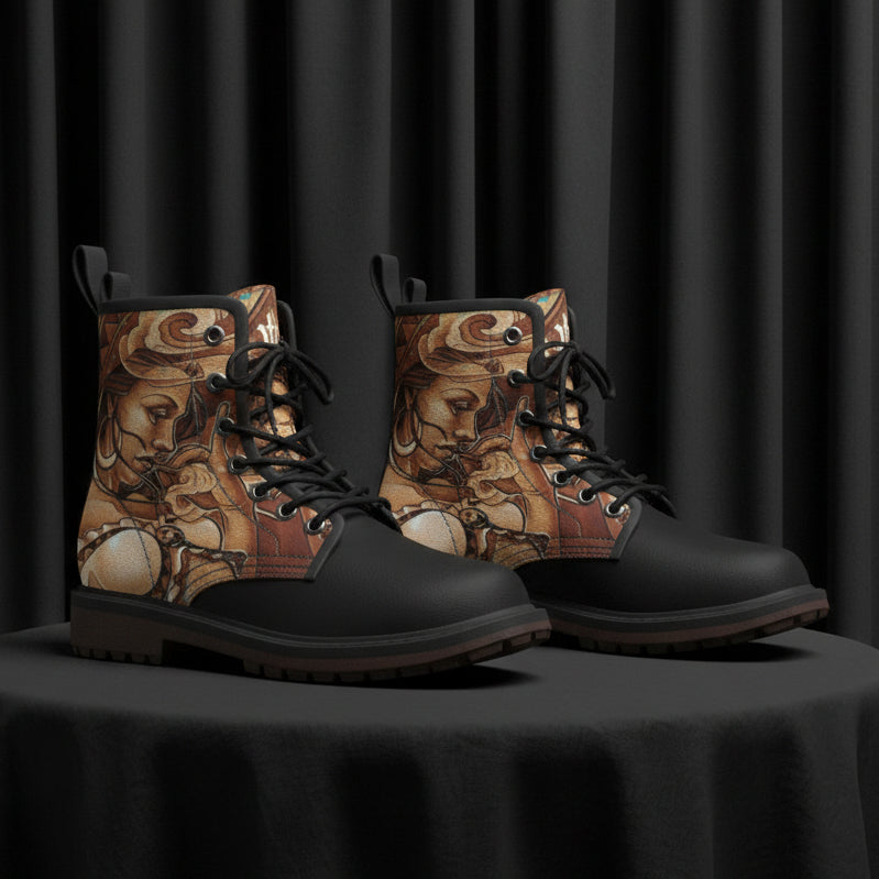 Black boot with artistic design on a white background
