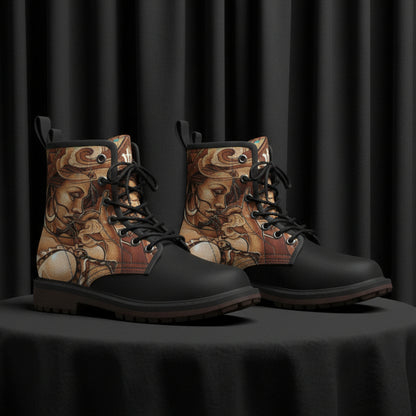 Black boot with artistic design on a white background