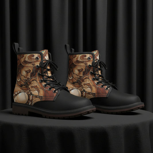 Black boot with artistic design on a white background