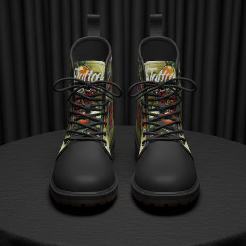 Pair of black boots with colorful pattern on a white background