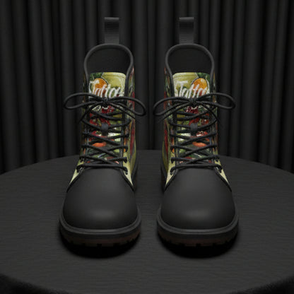 Pair of black boots with colorful pattern on a white background