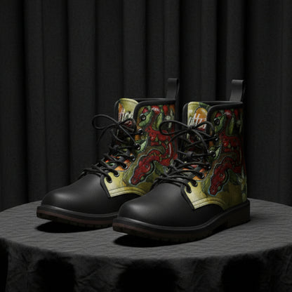 Black boots with colorful patterned side panels on a white background