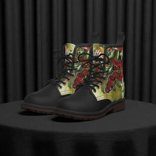 Black boots with colorful abstract design on a white background