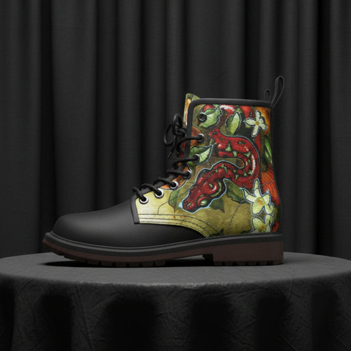 Colorful boot with dragon design on a white background
