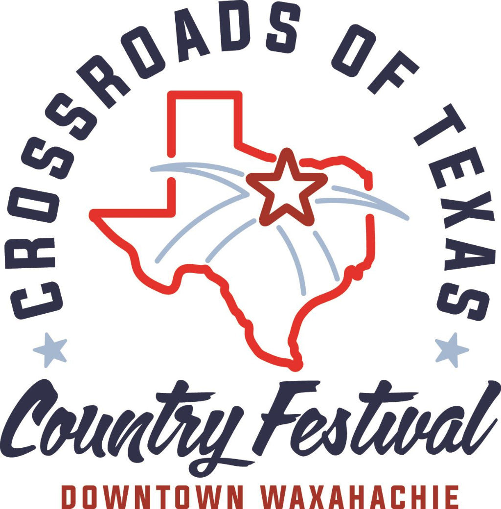 Logo for Crossroads of Texas Country Festival with a map of Texas and stars.