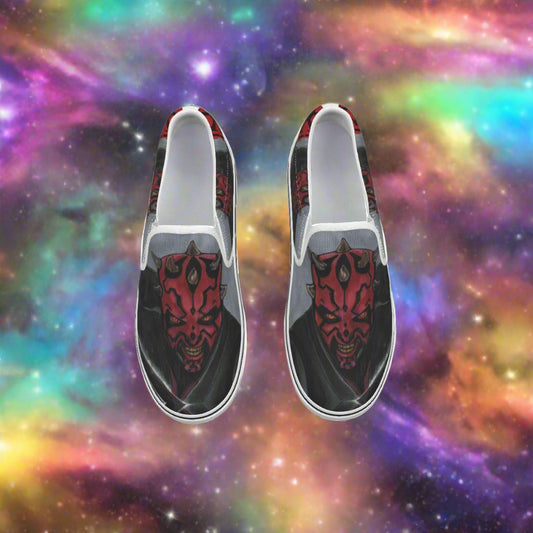 Slip-on shoes with a red and black design on a white background