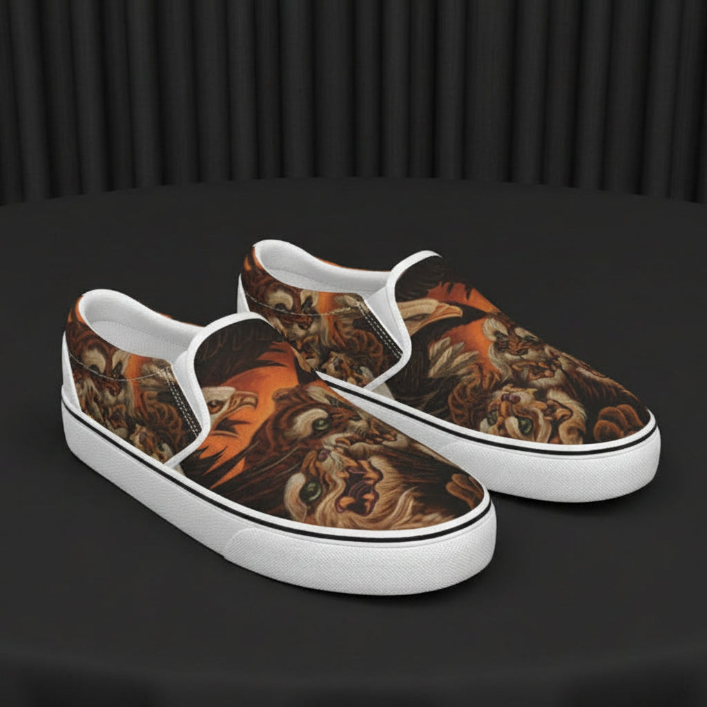 Pair of slip-on shoes with a tattoo-style design on a white background