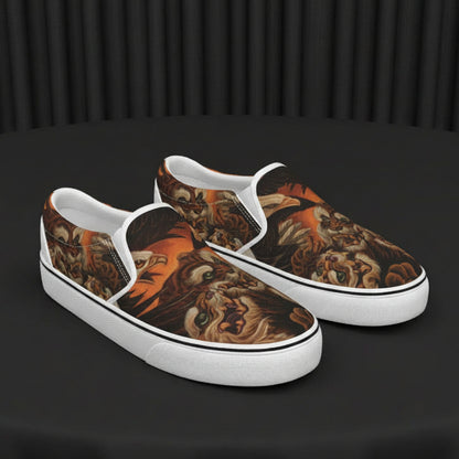 Pair of slip-on shoes with a tattoo-style design on a white background