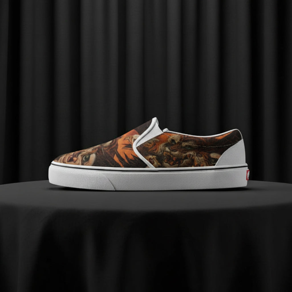 Camo-patterned slip-on sneaker with white sole on a white background