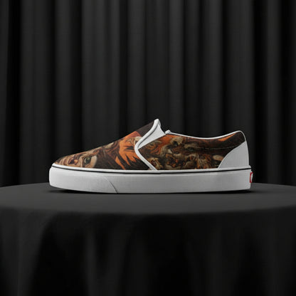 Camo-patterned slip-on sneaker with white sole on a white background