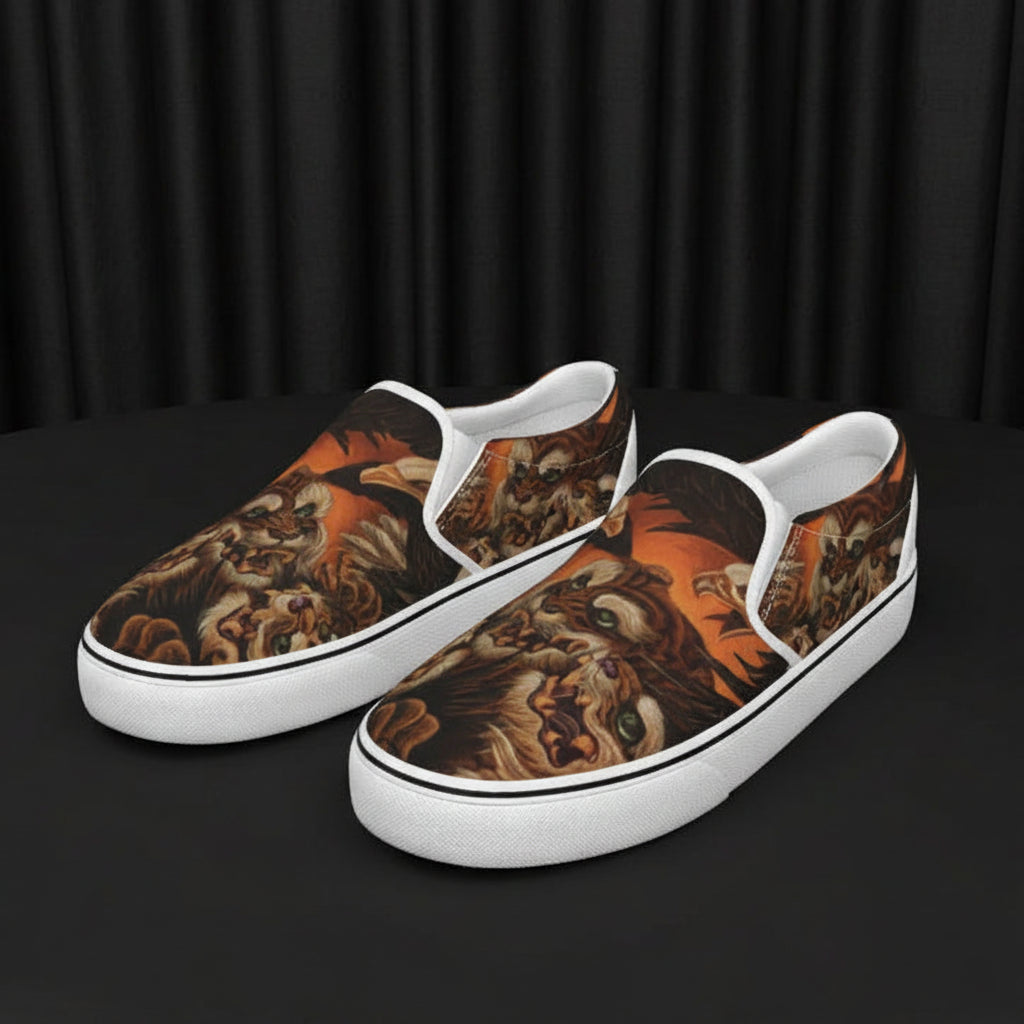Pair of slip-on shoes with Eagles and tiger pattern on a white background