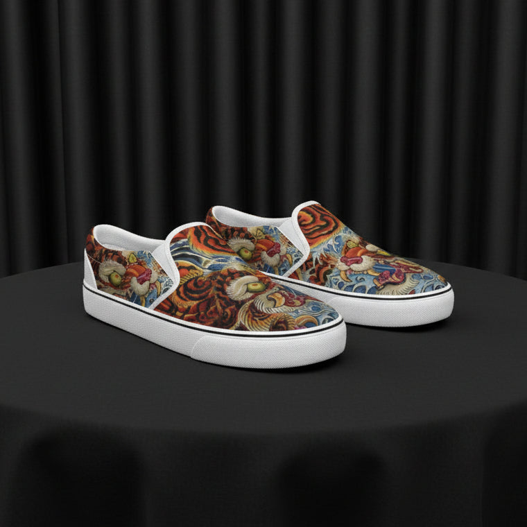 Colorful slip-on shoes with intricate designs on a white background
