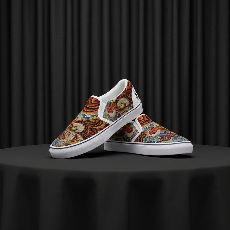 Colorful slip-on shoes with a pattern on a white background