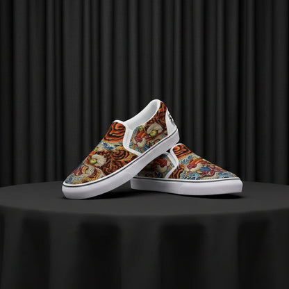 Colorful slip-on shoes with a pattern on a white background