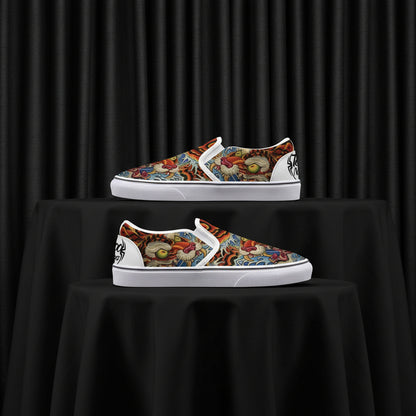Pair of slip-on shoes with colorful Tiger pattern on a white background