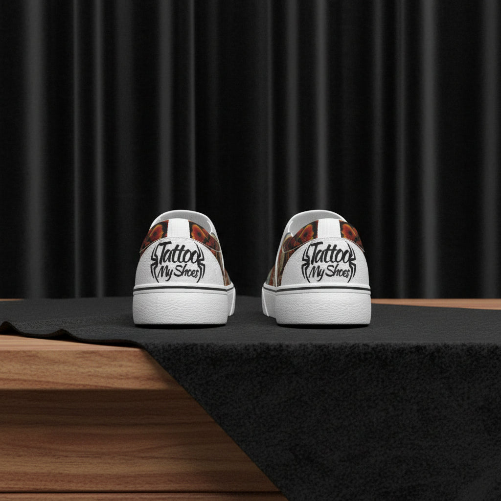 White sneakers with 'Tattoo My Shoes' design on a white background