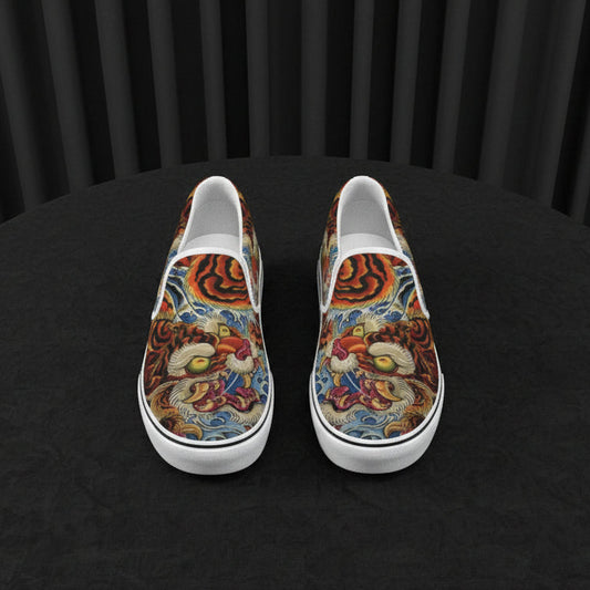 Colorful slip-on shoes with floral and tiger design on a white background