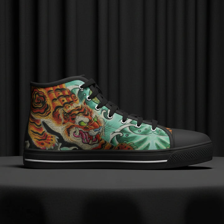 High-top sneaker with a colorful tiger design on a black background