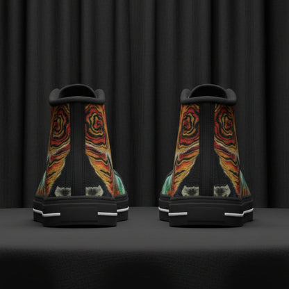 Black high-top sneakers with colorful designs on a black background