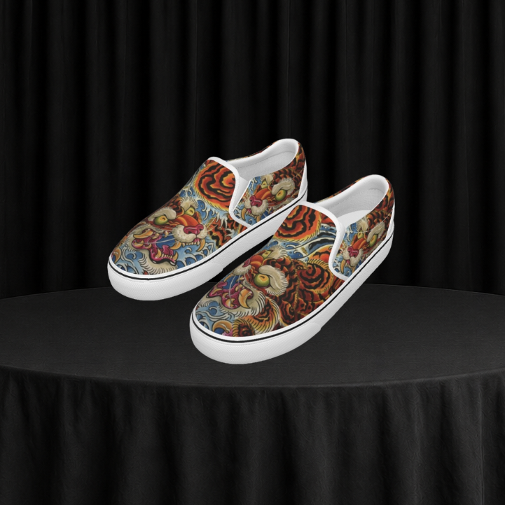Colorful slip-on shoes on a black tablecloth with a black curtain background