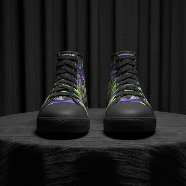 Black high-top sneakers with white floral pattern on a white background