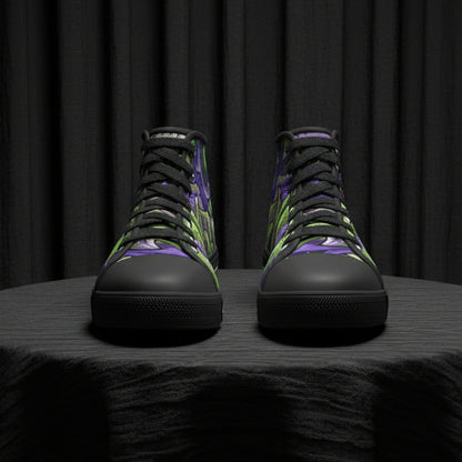 Black high-top sneakers with white floral pattern on a white background